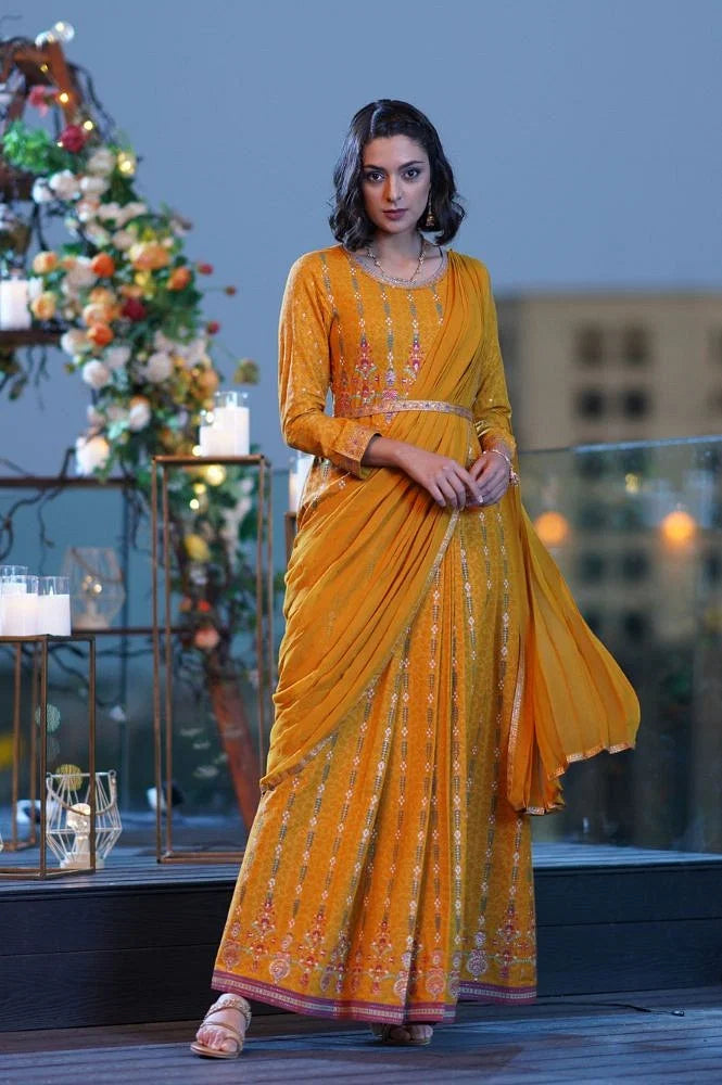 Yellow Glitter Printed Festive Saree Dress With Belt - Image 5