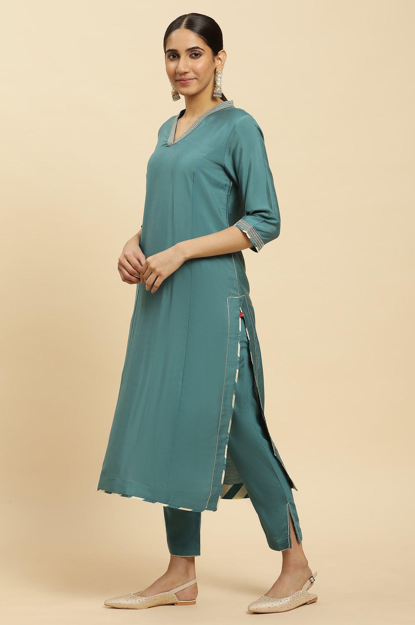 Blue Embellished Kurta, Pants And Jacquard Dupatta Set - Image 1
