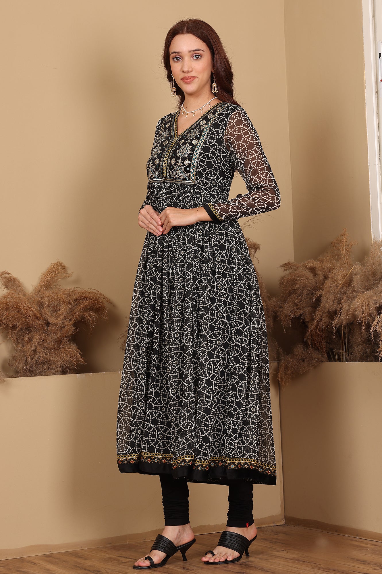 Black Printed Gathered Chiffon Kurta With Embroidery, Churidar And Dupatta Set - Image 1