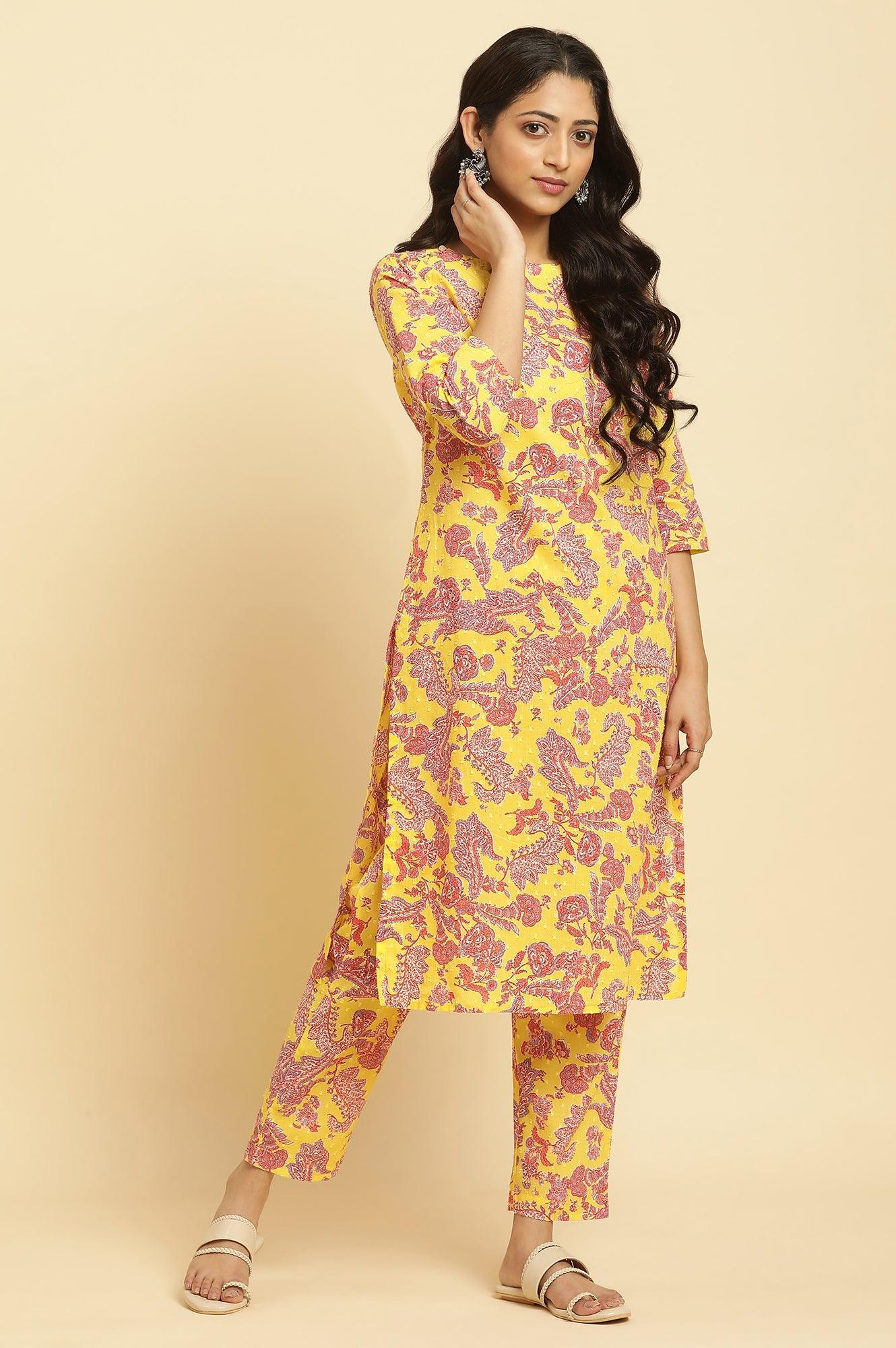 Yellow Floral Printed Cotton Kurta And Pants Co-Ord Set - Image 1
