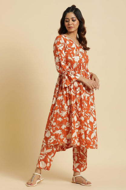 Dark Orange Floral Printed Kurta & Pants Co-Ord Set - Image 1