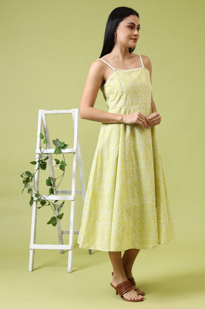 Lime Green Schiffli Embroidered Pure Cotton Flared Spaghetti Dress - Image 1