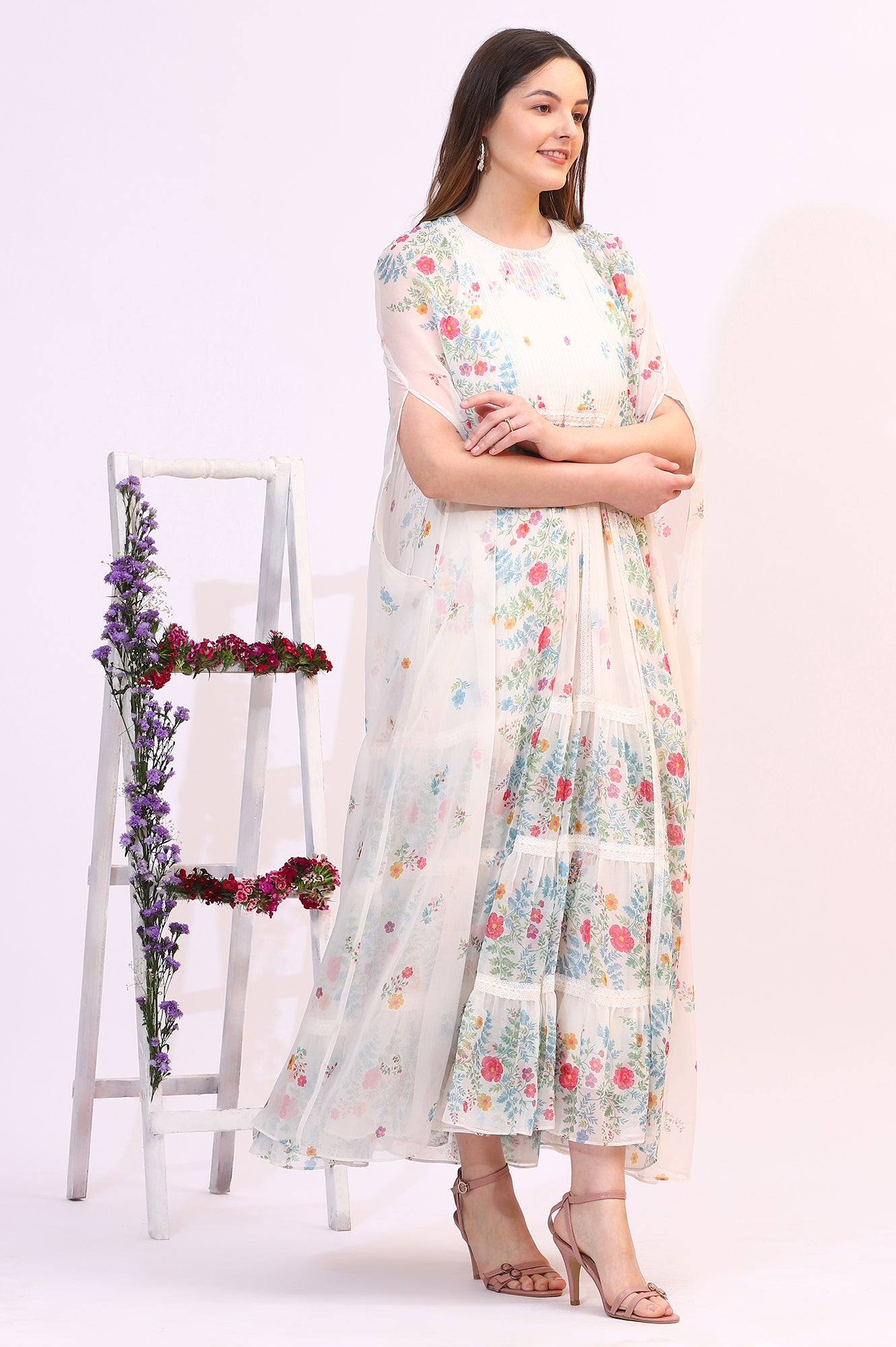 White Floral Printed Chiffon Tiered Flared Dress with Printed Cape - Image 8
