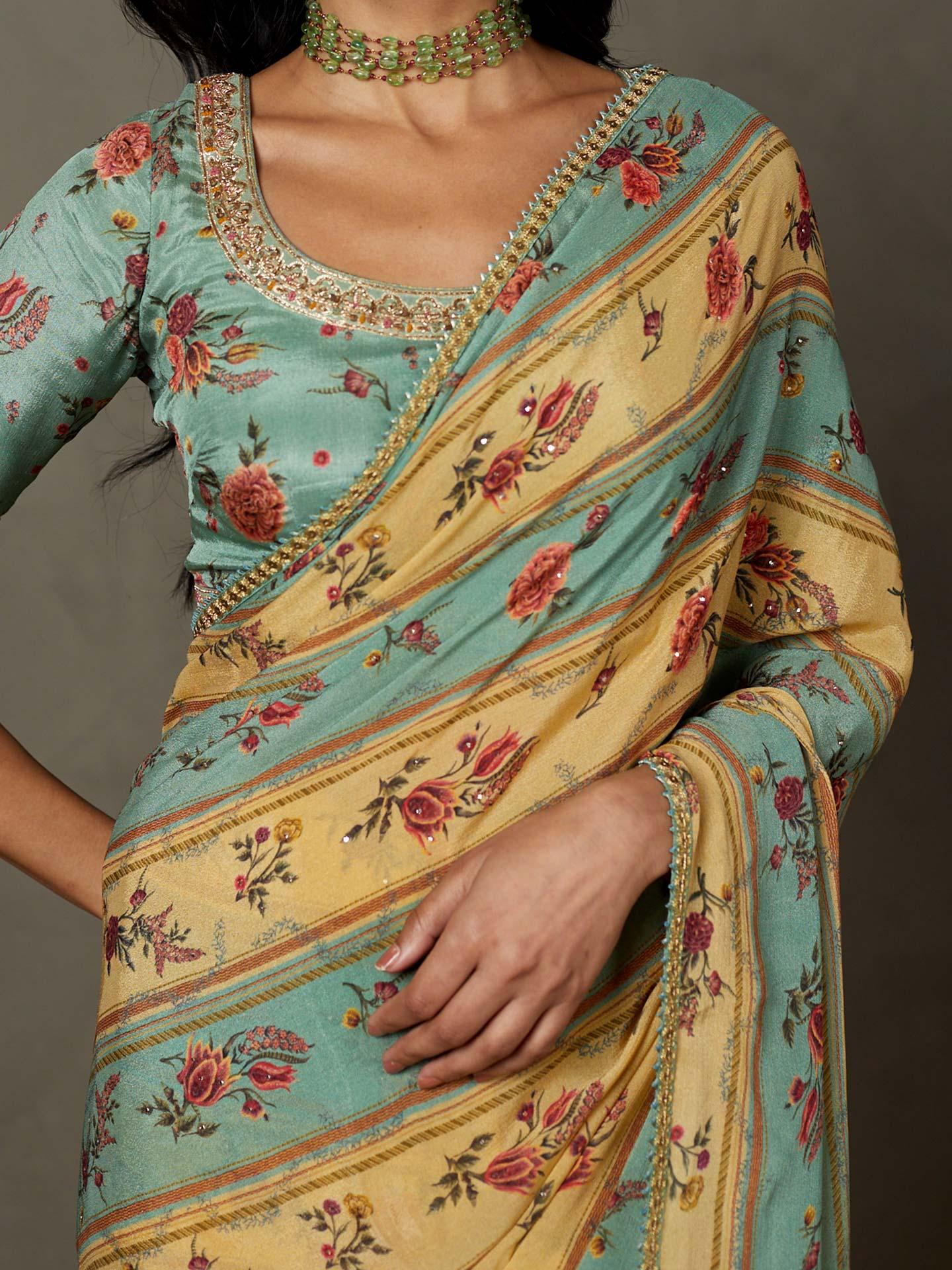 Light Teal Dahlia Saree With Unstitched Blouse - Image 2