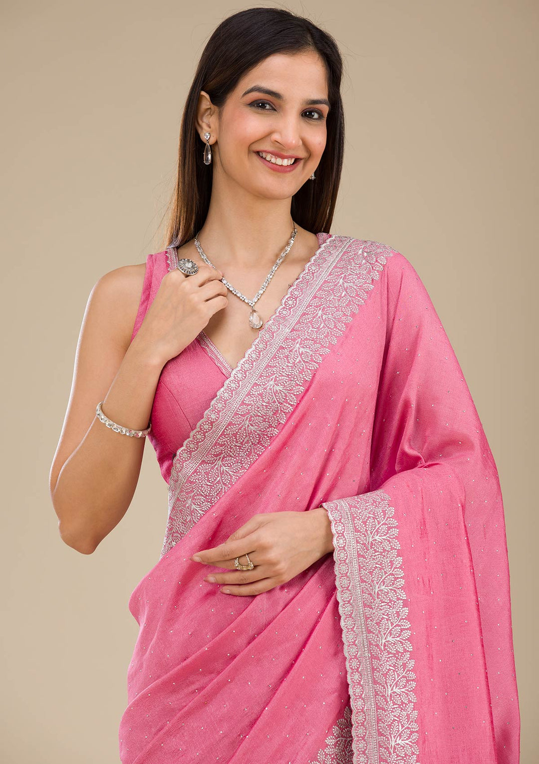 Onion Pink Zariwork Soft Silk Saree - Image 6