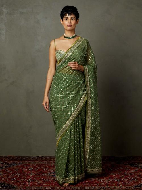 Khaki Rohira Saree With Unstitched Blouse - Image 1